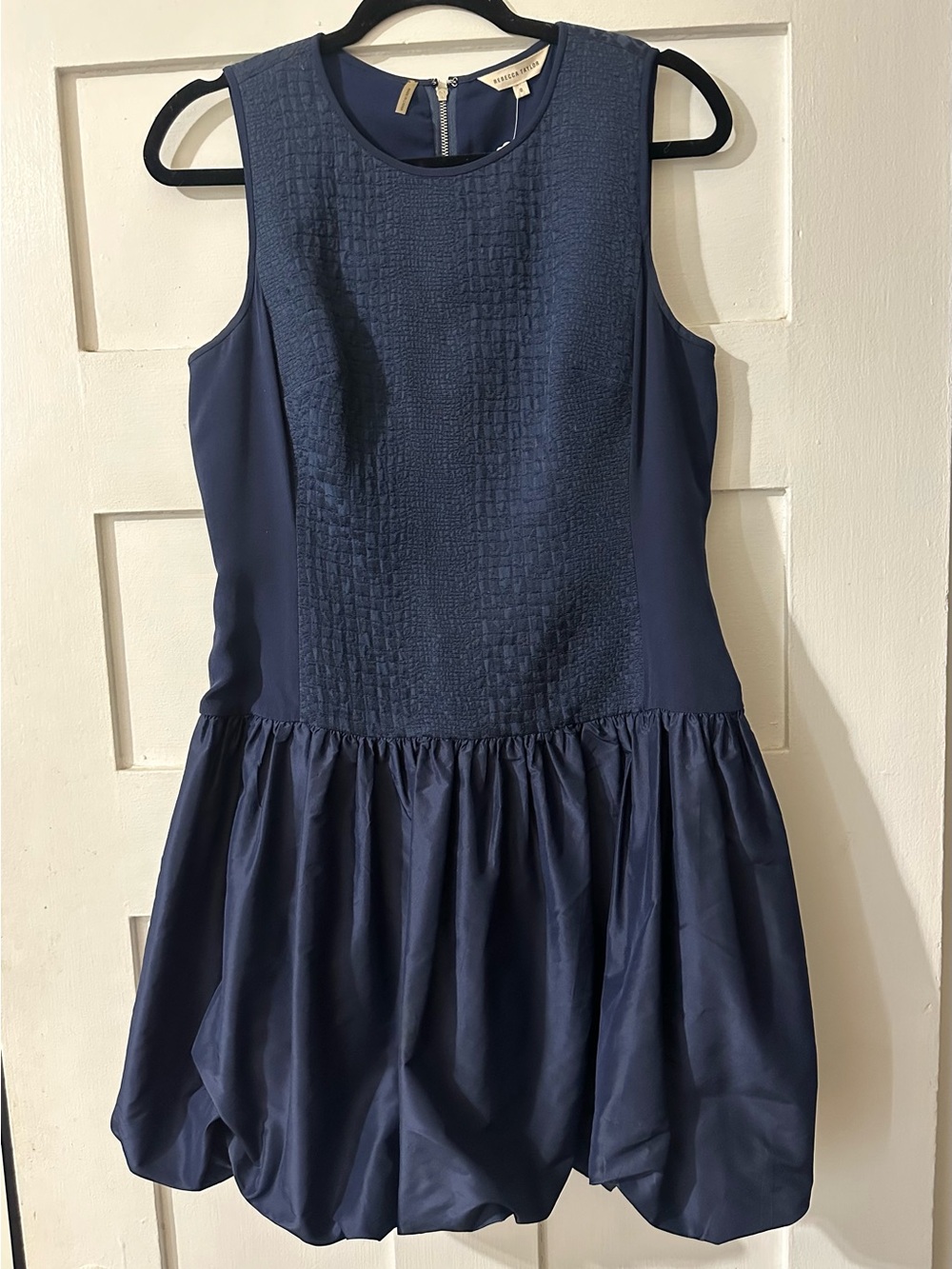 Rebecca Taylor Navy Textured Bodice Sleeveless Bubble-Hem Dress